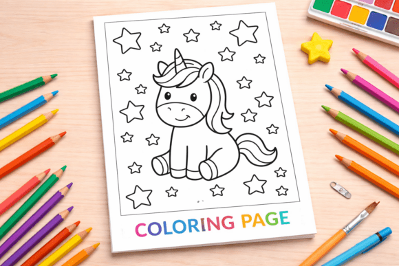 Cute Sitting Unicorn with Stars Coloring: A Magical Creative Tool for Kids and Educators